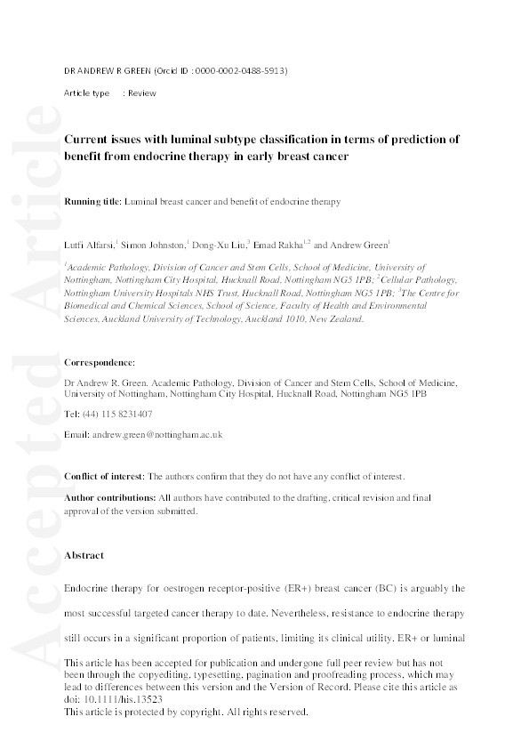 Current issues with luminal subtype classification in terms of prediction of benefit from endocrine therapy in early breast cancer Thumbnail