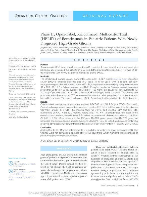 Phase II, open-label, randomized, multicenter trial (HERBY) of Bevacizumab in pediatric patients with newly diagnosed high-grade glioma Thumbnail