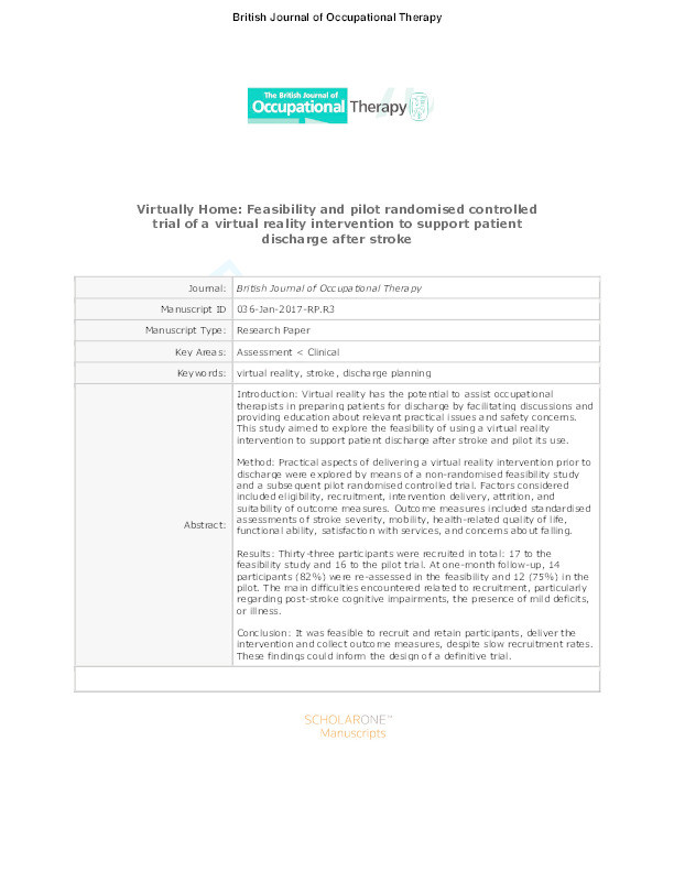 Virtually home: feasibility study and pilot randomised controlled trial of a virtual reality intervention to support patient discharge after stroke Thumbnail