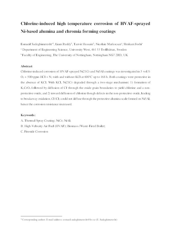 Chlorine-induced high temperature corrosion of HVAF-sprayed Ni-based alumina and chromia forming coatings Thumbnail