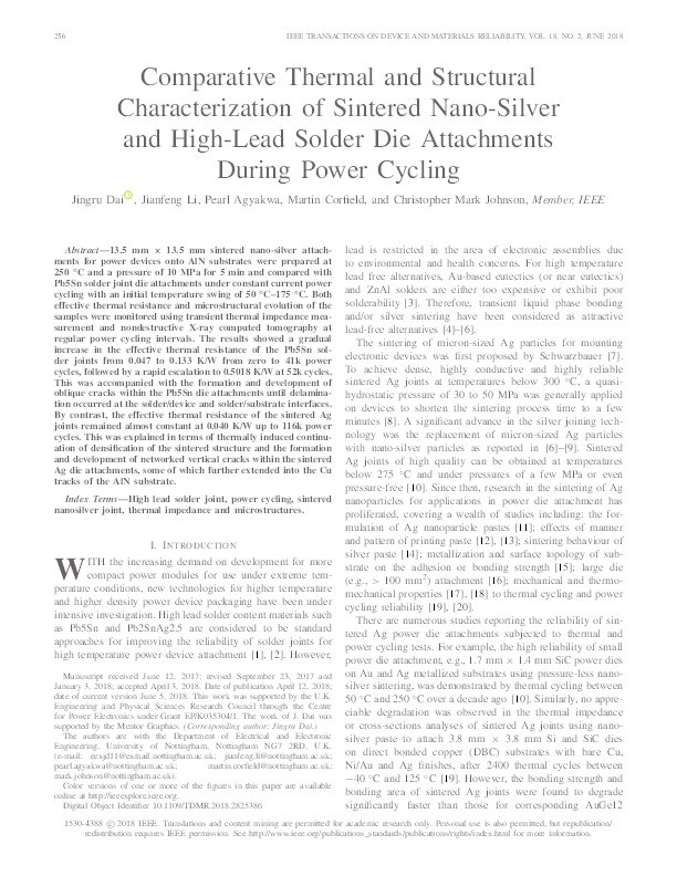 Comparative Thermal and Structural Characterization of Sintered Nano-Silver and High-Lead Solder Die Attachments During Power Cycling Thumbnail