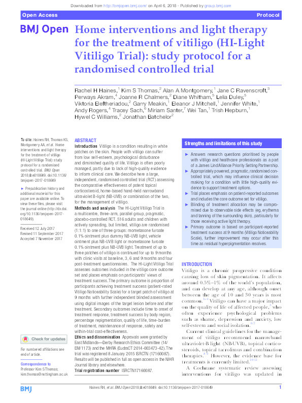 Home interventions and light therapy for treatment of vitiligo (HI-Light Vitiligo Trial): study protocol for a randomized controlled trial Thumbnail