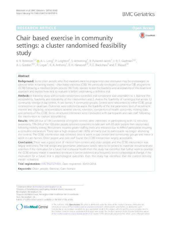 Chair based exercise in community settings: a cluster randomised feasibility study Thumbnail