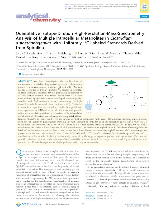 Quantitative isotope-dilution high-resolution-mass-apectrometry analysis of multiple intracellular metabolites in Clostridium autoethanogenum with uniformly 13C-labeled standards derived from Spirulina Thumbnail