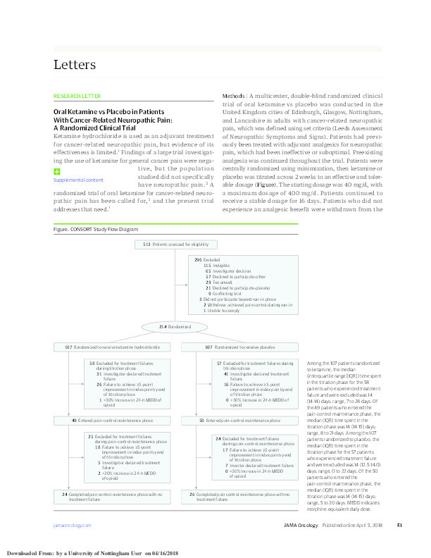 Oral ketamine vs placebo in patients with cancer-related neuropathic pain Thumbnail