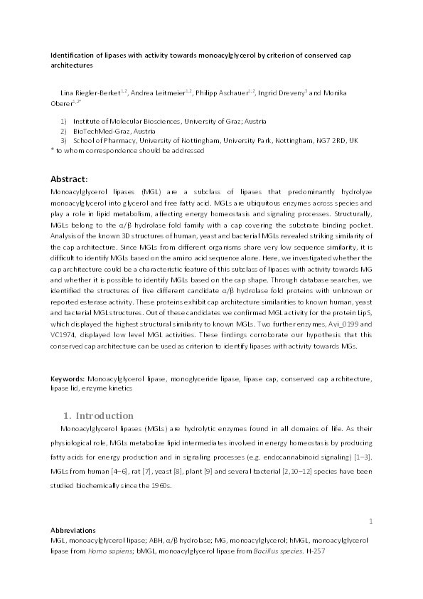 Identification of lipases with activity towards monoacylglycerol by criterion of conserved cap architectures Thumbnail