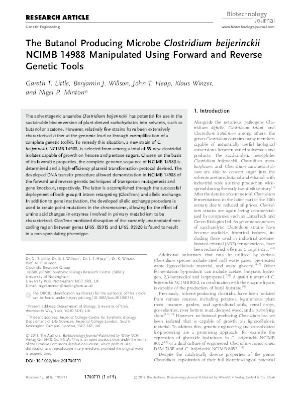 The butanol producing microbe Clostridium beijerinckii NCIMB 14988 manipulated using forward and reverse genetic tools Thumbnail