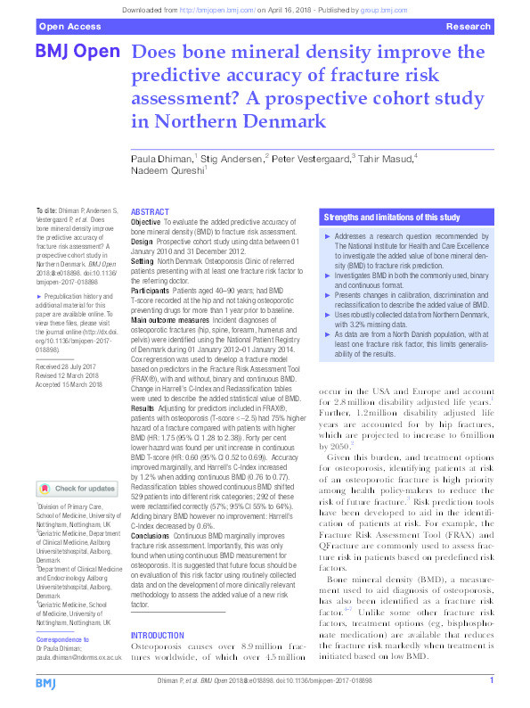 Does bone mineral density improve the predictive accuracy of fracture risk assessment?: a prospective cohort study in Northern Denmark Thumbnail