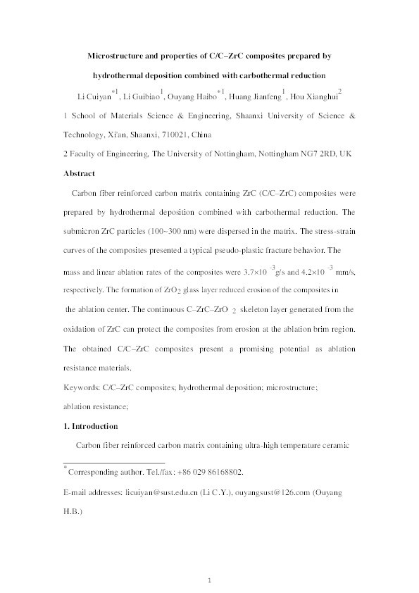 Microstructure and properties of C/C–ZrC composites prepared by hydrothermal deposition combined with carbothermal reduction Thumbnail