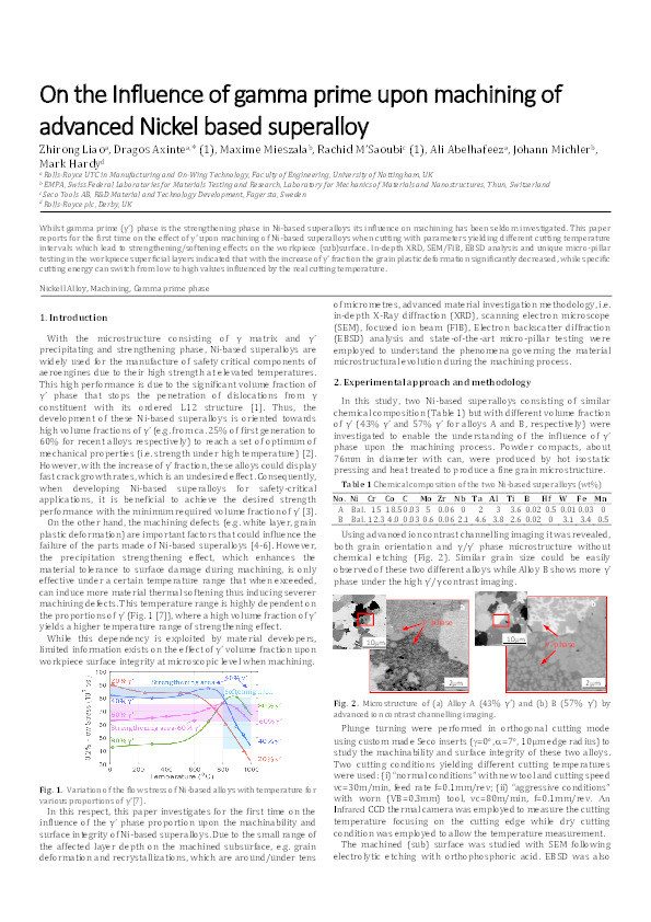 On the influence of gamma prime upon machining of advanced nickel based superalloy Thumbnail