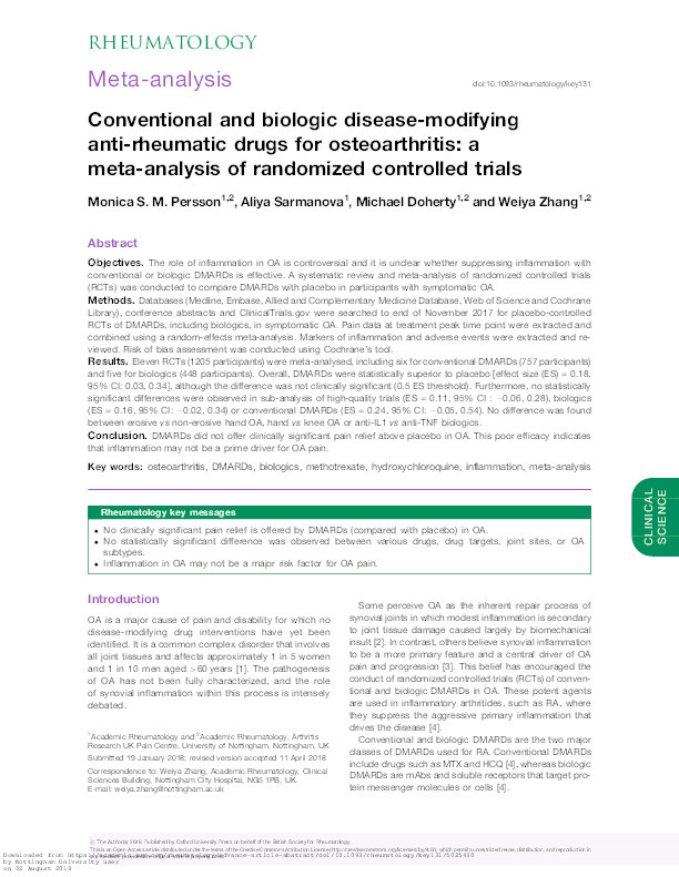 Conventional and biologic disease-modifying anti-rheumatic drugs for osteoarthritis: a meta-analysis of randomized controlled trials Thumbnail