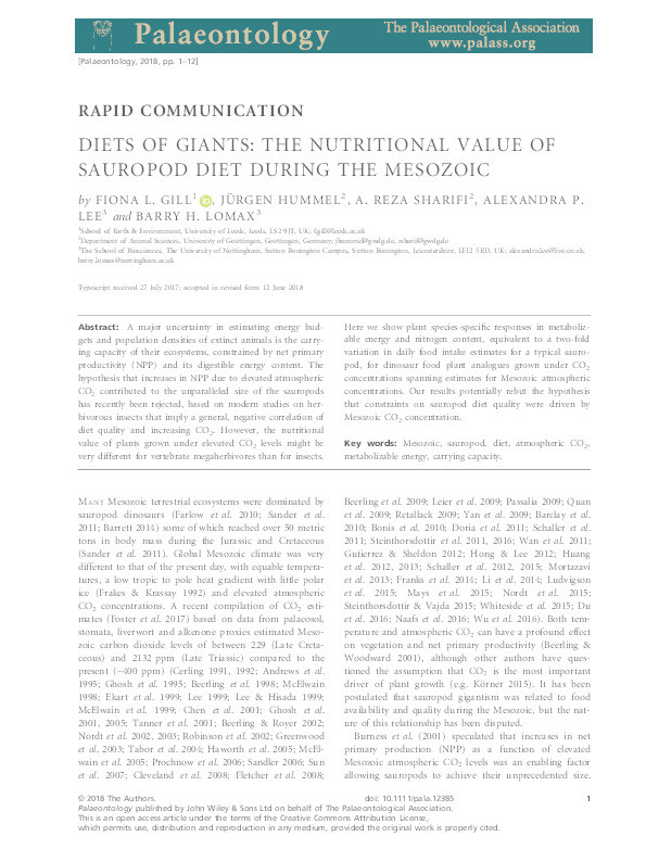 Diets of giants: the nutritional value of sauropod diet during the Mesozoic Thumbnail