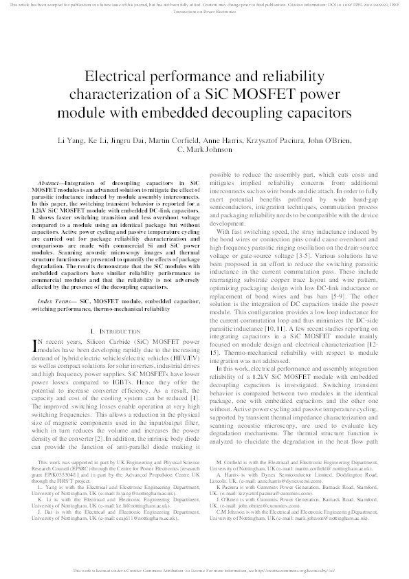 Electrical Performance and Reliability Characterization of a SiC MOSFET Power Module With Embedded Decoupling Capacitors Thumbnail