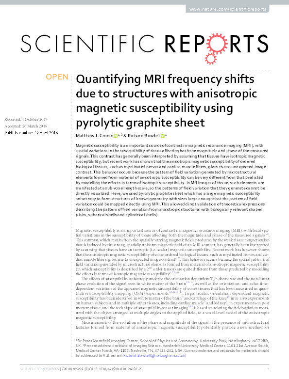 Quantifying MRI frequency shifts due to structures with anisotropic magnetic susceptibility using pyrolytic graphite sheet Thumbnail