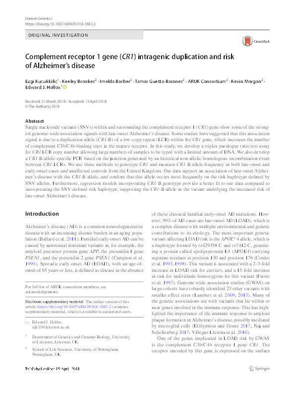 Complement receptor 1 gene (CR1) intragenic duplication and risk of Alzheimer’s disease Thumbnail