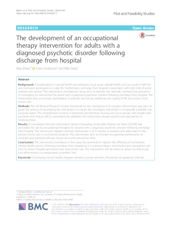 The development of an occupational therapy intervention for adults with a diagnosed psychotic disorder following discharge from hospital Thumbnail