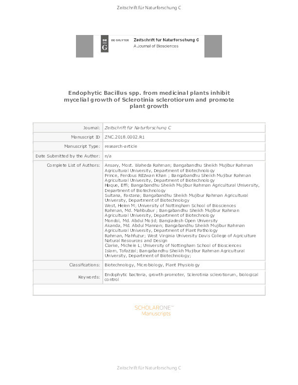 Endophytic Bacillus spp. from medicinal plants inhibit mycelial growth of Sclerotinia sclerotiorum and promote plant growth Thumbnail