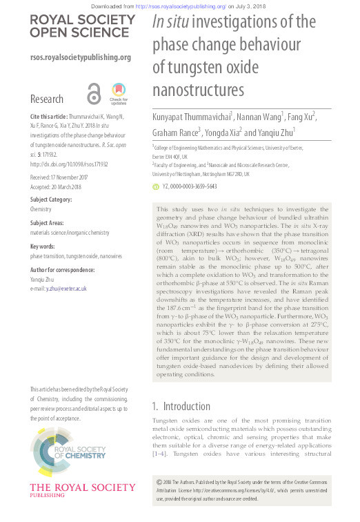 In situ investigations of the phase change behaviour of tungsten oxide nanostructures Thumbnail