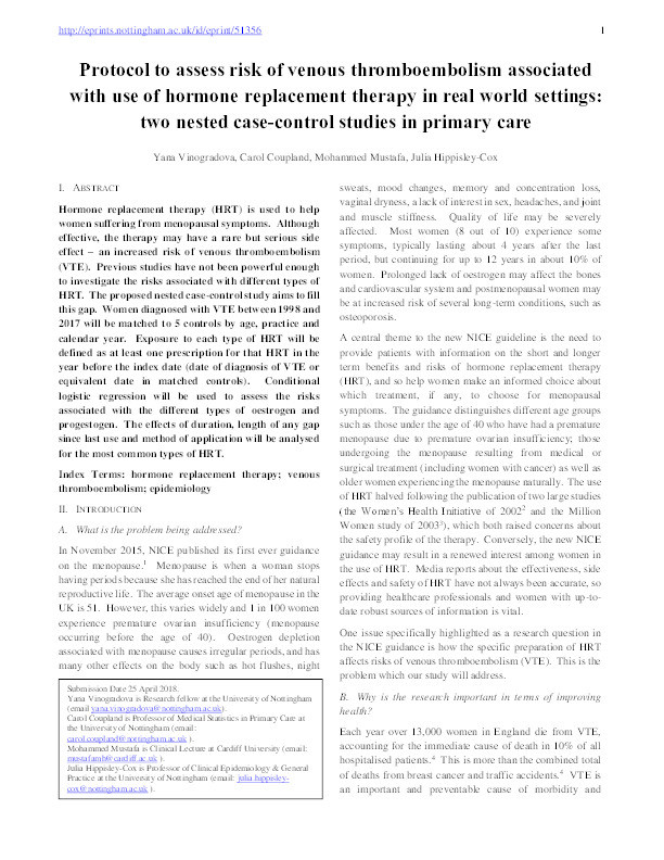 Protocol to assess risk of venous thromboembolism associated with use of hormone replacement therapy in real world settings: two nested case-control studies in primary care Thumbnail