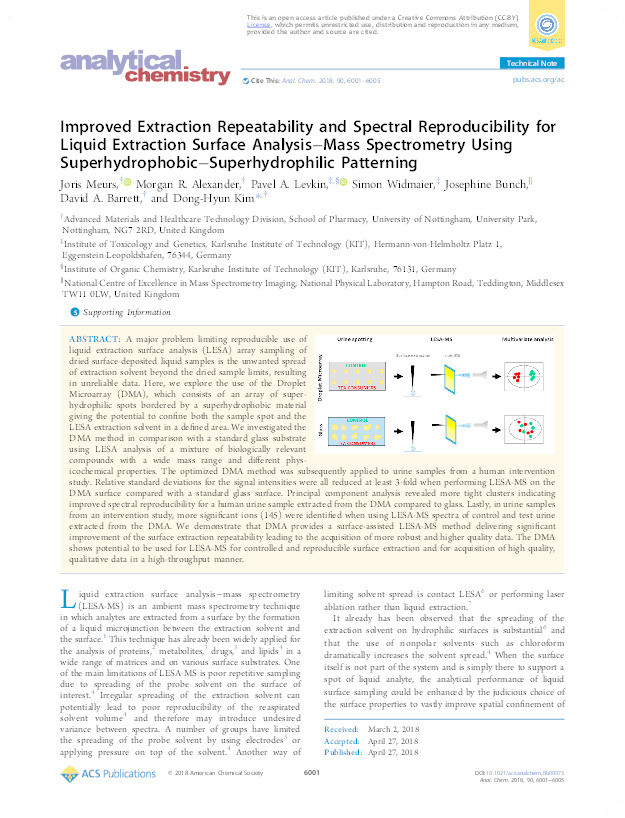 Improved extraction repeatability and spectral reproducibility for liquid extraction surface analysis–mass spectrometry using superhydrophobic–superhydrophilic patterning Thumbnail