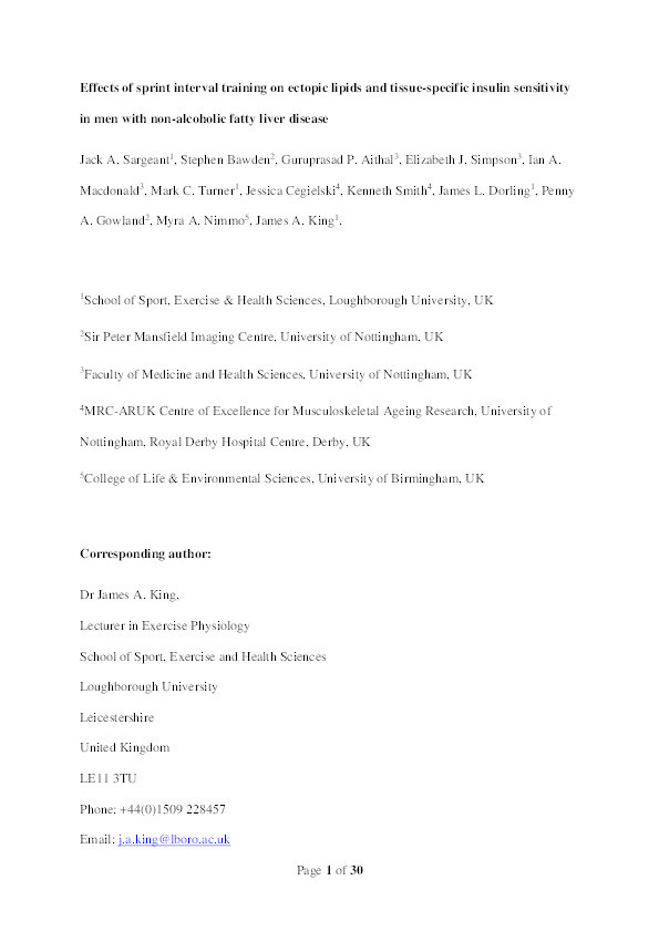 Effects of sprint interval training on ectopic lipids and tissue-specific insulin sensitivity in men with non-alcoholic fatty liver disease Thumbnail