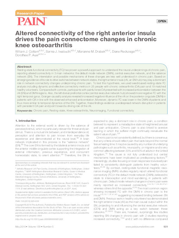 Altered connectivity of the right anterior insula drives the pain connectome changes in chronic knee osteoarthritis Thumbnail