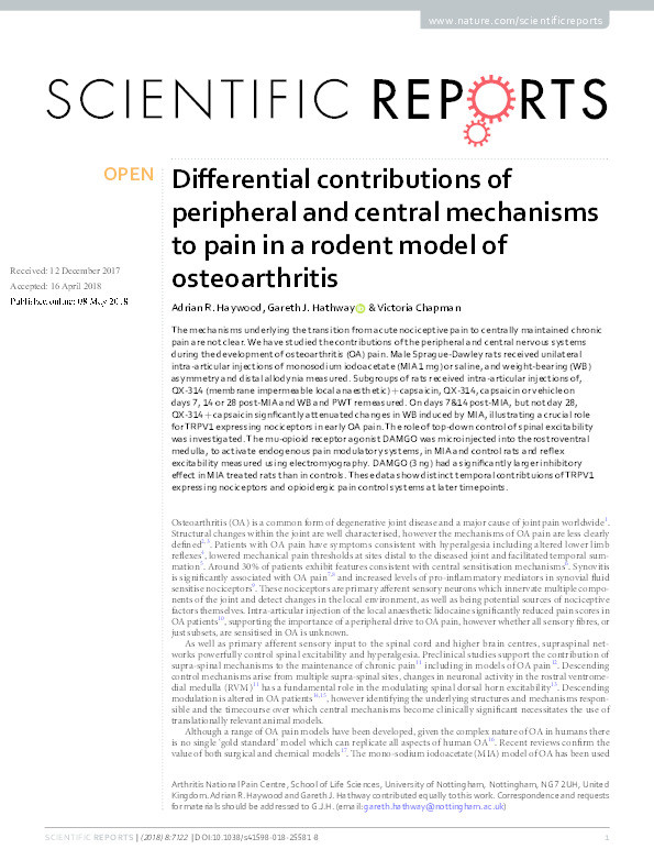 Differential contributions of peripheral and central mechanisms to pain in a rodent model of osteoarthritis Thumbnail