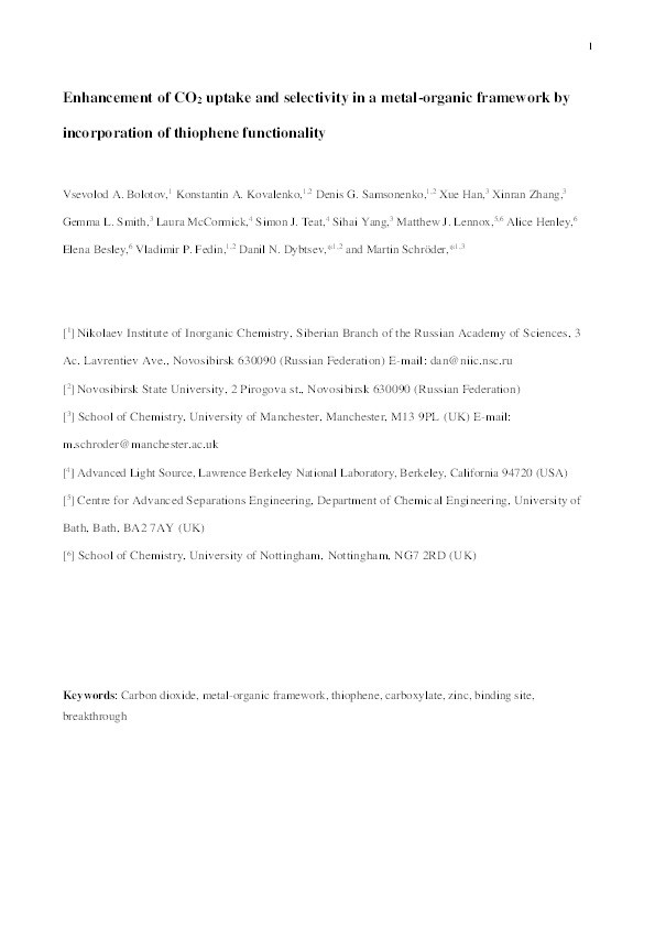 Enhancement of CO2 uptake and selectivity in a metal-organic framework by incorporation of thiophene functionality Thumbnail