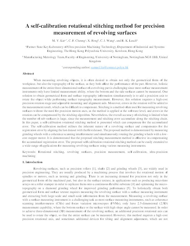 A self-calibration rotational stitching method for precision measurement of revolving surfaces Thumbnail