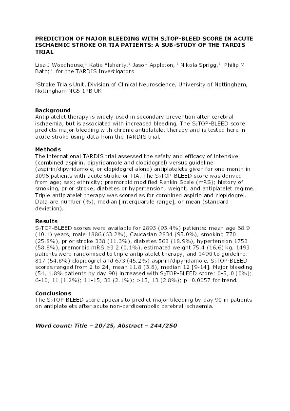 Prediction of major bleeding with a S2TOP-BLEED score in acute ischaemic stroke or TIA patients: a sub-study of the TARDIS trial Thumbnail