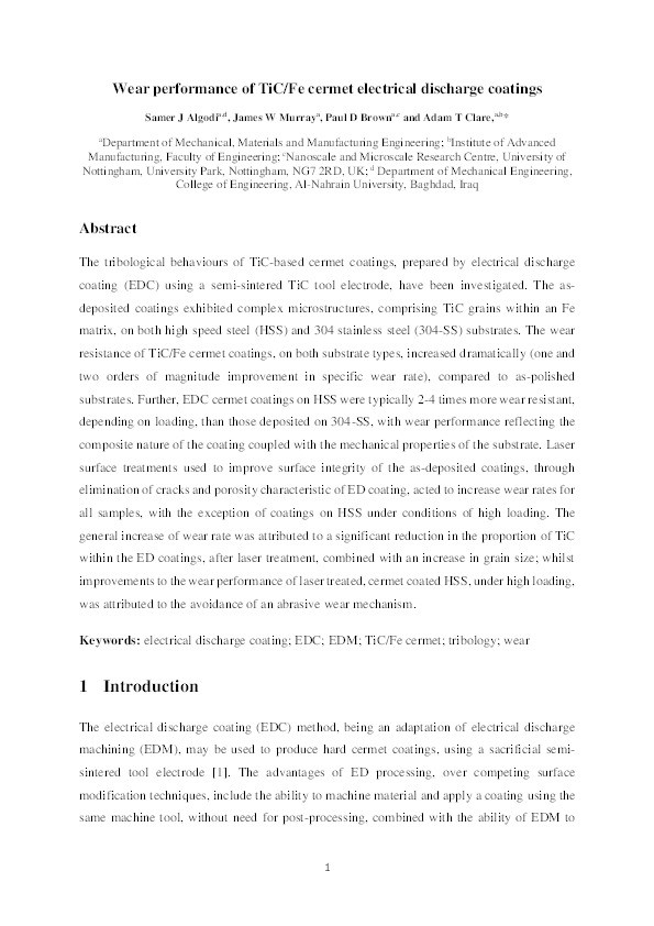 Wear performance of TiC/Fe cermet electrical discharge coatings Thumbnail