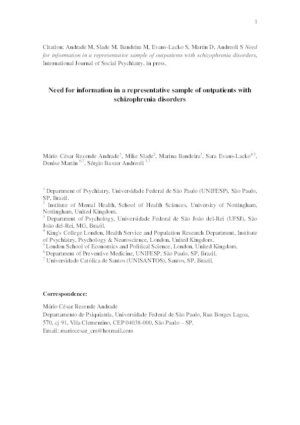 Need for information in a representative sample of outpatients with schizophrenia disorders Thumbnail