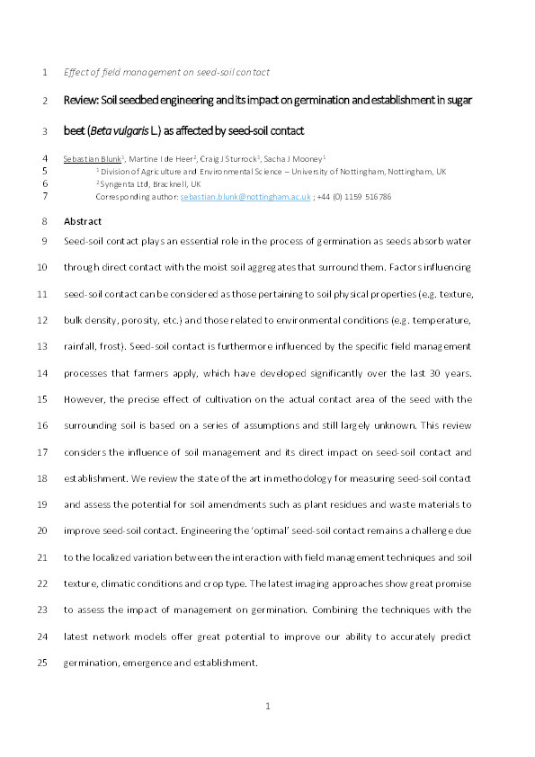 Soil seedbed engineering and its impact on germination and establishment in sugar beet (Beta vulgaris L.) as affected by seed-soil contact Thumbnail