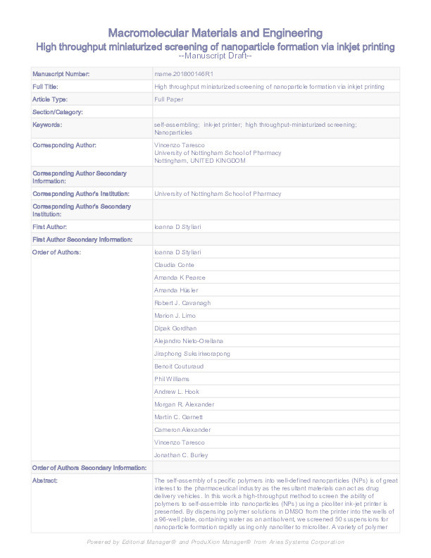 High-Throughput Miniaturized Screening of Nanoparticle Formation via Inkjet Printing Thumbnail