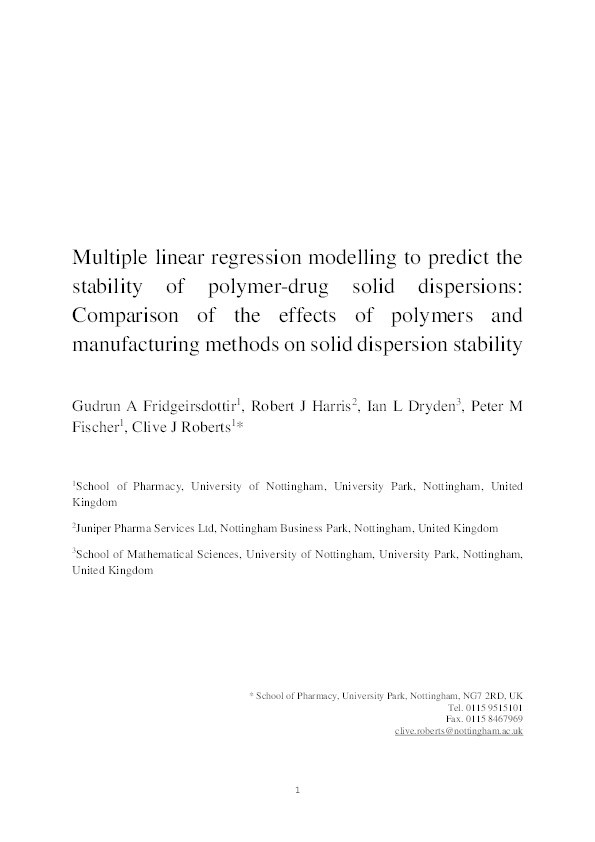 Multiple linear regression modelling to predict the stability of polymer-drug solid dispersions: comparison of the effects of polymers and manufacturing methods on solid dispersion stability Thumbnail