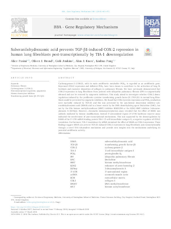 Suberanilohydroxamic acid prevents TGF-β1-induced COX-2 repression in human lung fibroblasts post-transcriptionally by TIA-1 downregulation Thumbnail