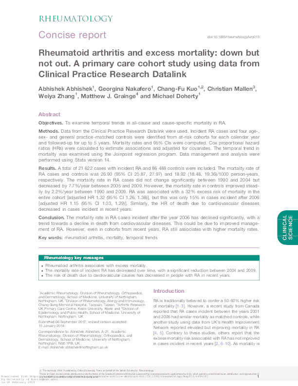 Rheumatoid arthritis and excess mortality: down but not out: a primary care cohort study using data from Clinical Practice Research Datalink Thumbnail