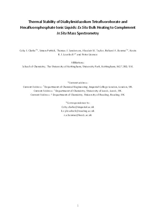 Thermal stability of dialkylimidazolium tetrafluoroborate and hexafluorophosphate ionic liquids: ex situ bulk heating to complement in situ mass spectrometry Thumbnail