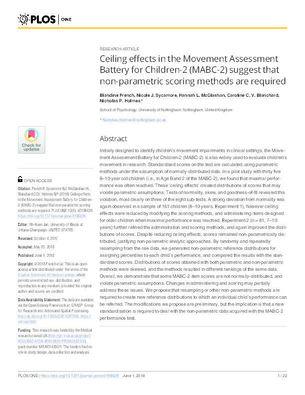 Ceiling effects in the Movement Assessment Battery for Children-2 (MABC-2) suggest that non-parametric scoring methods are required Thumbnail