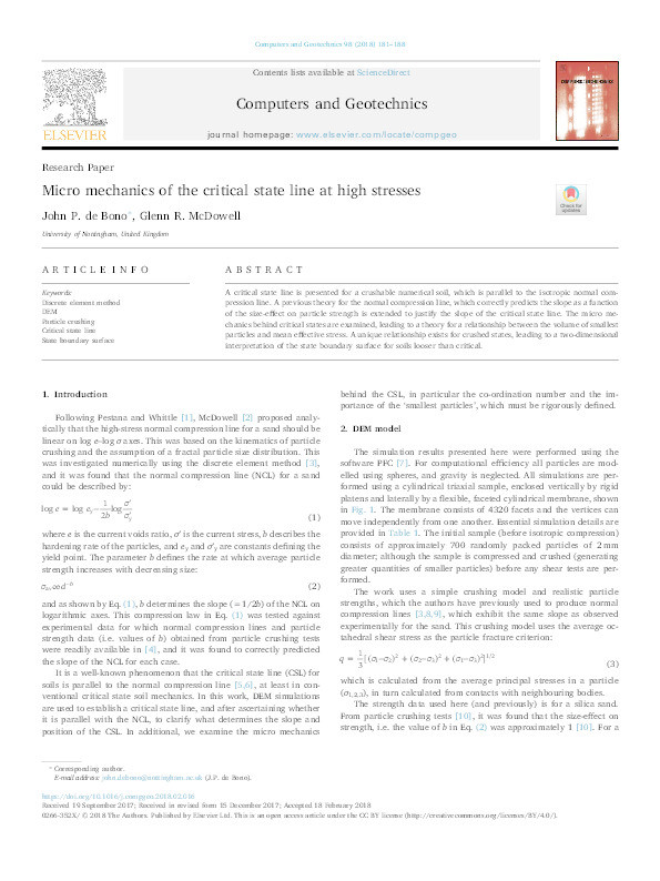 Micro mechanics of the critical state line at high stresses Thumbnail