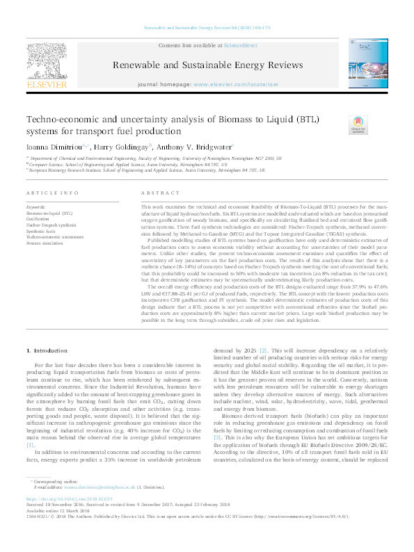 Techno-economic and uncertainty analysis of biomass to liquid (BTL) systems for transport fuel production Thumbnail