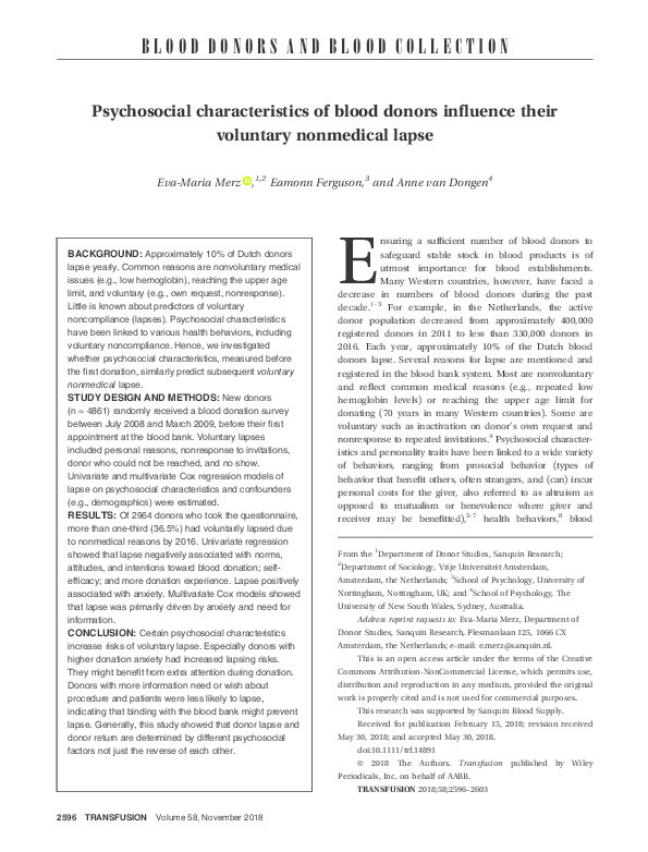 Psychosocial characteristics of blood donors influence their voluntary non-medical lapse Thumbnail