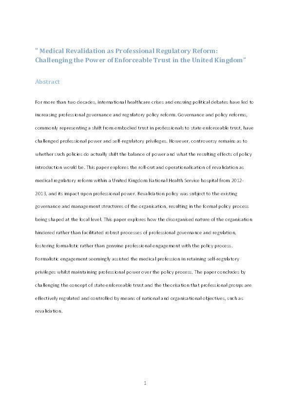 Medical revalidation as professional regulatory reform: challenging the power of enforceable trust in the United Kingdom Thumbnail