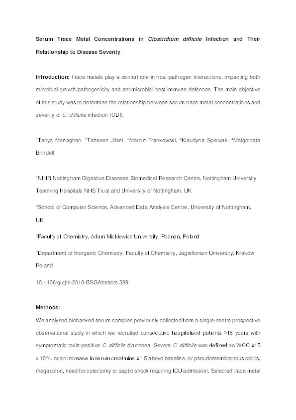 Serum trace metal concentrations in Clostridium difficile infection and their relationship to disease severity Thumbnail