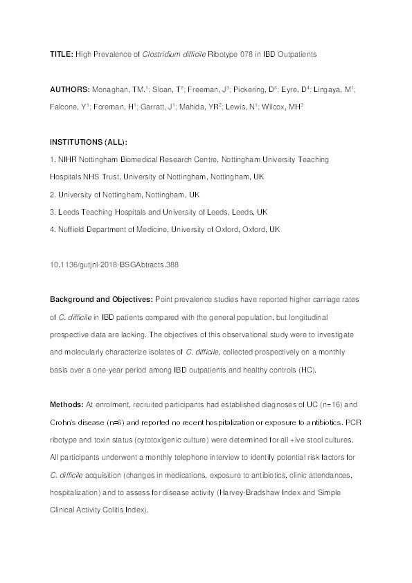 High prevalence of Clostridium difficile Ribotype 078 in IBD outpatients Thumbnail