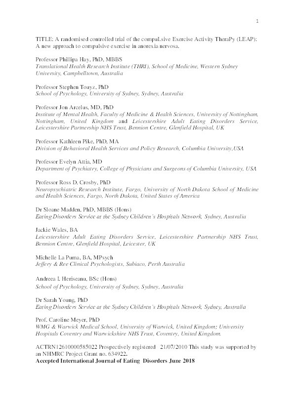 A randomised controlled trial of the compuLsive Exercise Activity TheraPy (LEAP): a new approach to compulsive exercise in anorexia nervosa Thumbnail