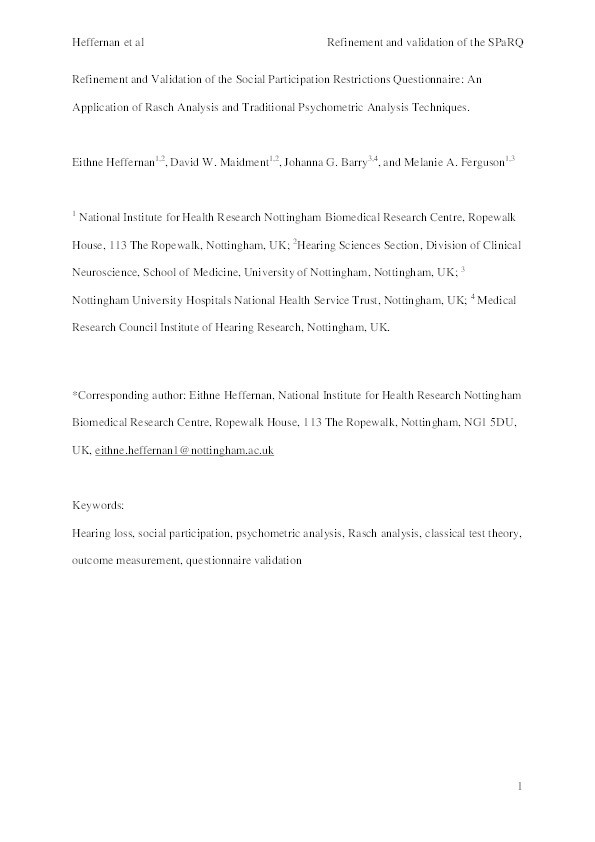 Refinement and validation of the Social Participation Restrictions Questionnaire: an application of Rasch analysis and traditional psychometric analysis techniques Thumbnail