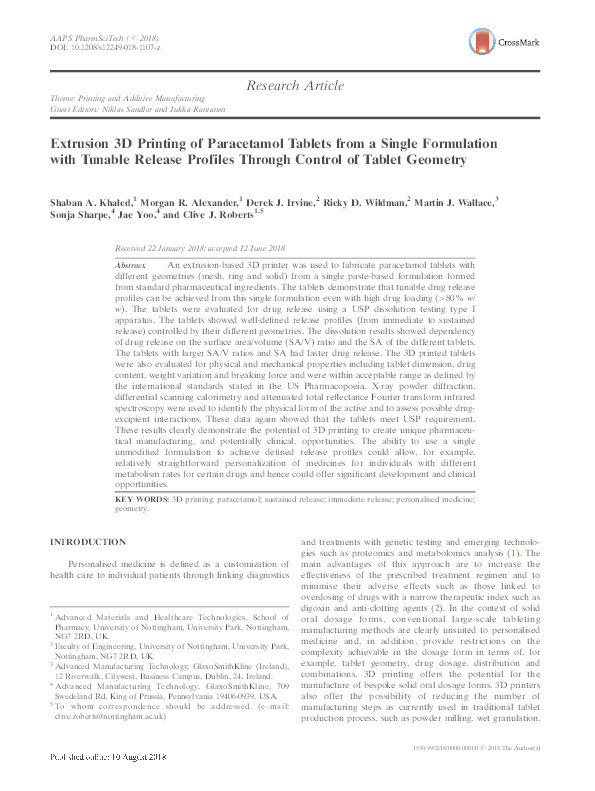 Extrusion 3D printing of paracetamol tablets from a single formulation with tunable release profiles through control of tablet geometry Thumbnail