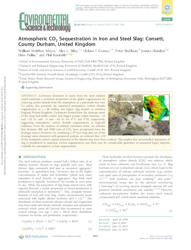 Atmospheric CO2 sequestration in iron and steel slag: Consett, Co. Durham, UK Thumbnail