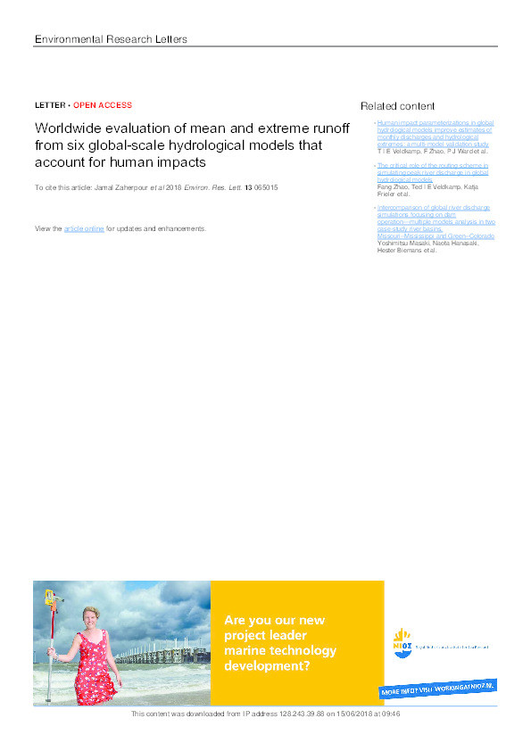 Worldwide evaluation of mean and extreme runoff from six global-scale hydrological models that account for human impacts Thumbnail